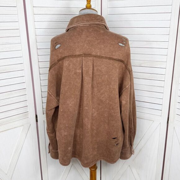 Oddy Distressed Jersey Knit Shacket Cropped Brown Medium Large - Picture 4 of 13